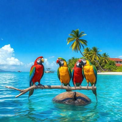 The primary subject of the image is a group of four colorful birds, likely parrots, perched on a tree branch in a tropical setting. The birds are positioned close to each other, creating a sense of unity and camaraderie. The setting includes a body of water, possibly a lake or ocean, which adds to the tropical atmosphere. The visual style of the image is a photo, capturing the vibrant colors and natural beauty of the birds and their surroundings. The overall mood of the image is